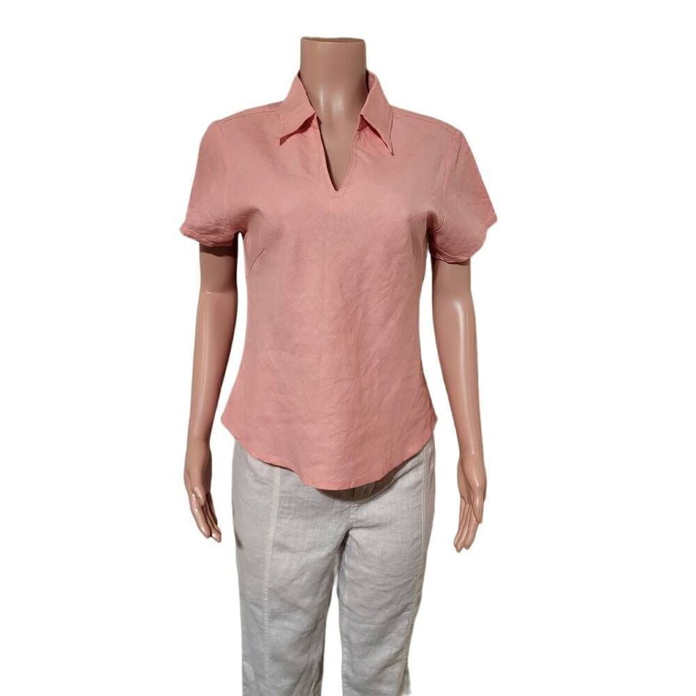 Sun Moda Women's peach/rose Linen short sleeve collar V-neck top M